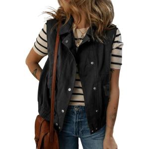 imageDokotoo Womens Vests 2025 Fall Outerwear ButtonDown Lapel Collar Elastic Hem Sleeveless Jacket Cargo VestBlack