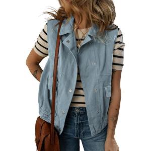imageDokotoo Womens Vests 2025 Fall Outerwear ButtonDown Lapel Collar Elastic Hem Sleeveless Jacket Cargo VestBlue