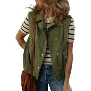 imageDokotoo Womens Vests 2025 Fall Outerwear ButtonDown Lapel Collar Elastic Hem Sleeveless Jacket Cargo VestGreen