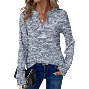 imageDokotoo Womens Waffle Knit Tops V Neck Long Sleeve Shirts Henley Dresy Casual Blouses Fall Outfits 2025Navy Blue