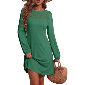 imageDokotoo Fall Dresses for Women 2025 Crew Neck Long Sleeve A Line Shift Dress Solid Color Loose Fit Mini DressKelly Green
