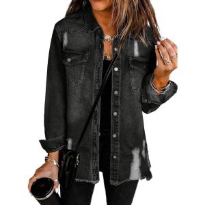 imageDokotoo Jean Jacket Frayed Washed Button Fall Denim Oversize Casual Fashion Shirts Long Sleeve Boyfriend for WomenC1 Black