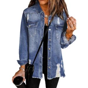 imageDokotoo Jean Jacket Frayed Washed Button Fall Denim Oversize Casual Fashion Shirts Long Sleeve Boyfriend for WomenC2 Blue