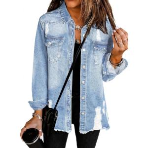 imageDokotoo Jean Jacket Frayed Washed Button Fall Denim Oversize Casual Fashion Shirts Long Sleeve Boyfriend for WomenC2 Sky Blue