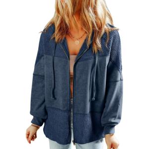 imageDokotoo Waffle Knit Hoodies for Womens Zip Up Jackets 2025 Drawstring Fall Casual JacketsPocketsblue