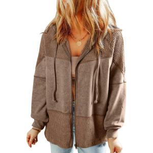 imageDokotoo Waffle Knit Hoodies for Womens Zip Up Jackets 2025 Drawstring Fall Casual JacketsPocketsbrown