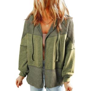 imageDokotoo Waffle Knit Hoodies for Womens Zip Up Jackets 2025 Drawstring Fall Casual JacketsPocketsgreen