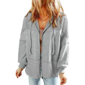 imageDokotoo Waffle Knit Hoodies for Womens Zip Up Jackets 2025 Drawstring Fall Casual JacketsPocketslight Grey