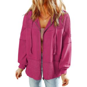imageDokotoo Waffle Knit Hoodies for Womens Zip Up Jackets 2025 Drawstring Fall Casual JacketsPocketsrose Red