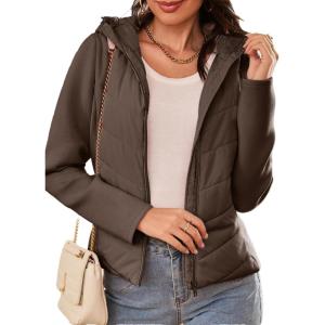imageDokotoo Womens Warm Quilted Lightweight Puffer Jacket Slim Fit Elasticity Patchwork Casual Hooded Puffer CoatDark Brown