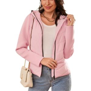 imageDokotoo Womens Warm Quilted Lightweight Puffer Jacket Slim Fit Elasticity Patchwork Casual Hooded Puffer CoatLight Pink