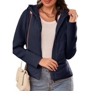 imageDokotoo Womens Warm Quilted Lightweight Puffer Jacket Slim Fit Elasticity Patchwork Casual Hooded Puffer CoatNavy Blue