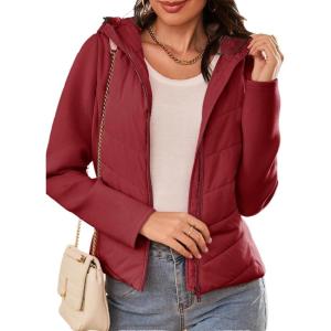 imageDokotoo Womens Warm Quilted Lightweight Puffer Jacket Slim Fit Elasticity Patchwork Casual Hooded Puffer CoatRed Dahlia