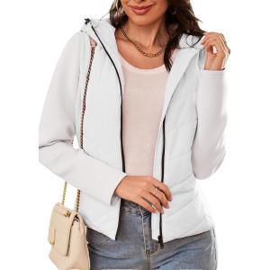 imageDokotoo Womens Warm Quilted Lightweight Puffer Jacket Slim Fit Elasticity Patchwork Casual Hooded Puffer CoatWhite