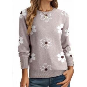 imageDokotoo Womens Sweaters Casual Long Sleeve Fashion Crewneck Knit Solid Button Pullover Sweater Jumper TopsFloral Grey