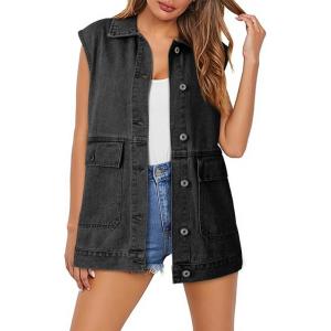 imageDokotoo Womens Fashion 2025 Casual Denim Vest Oversized Mid Long Jean Vest Sleeveless Jean Jacket Shacket with PocketsBlack