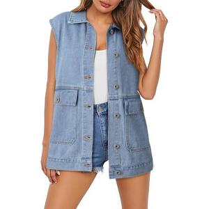 imageDokotoo Womens Fashion 2025 Casual Denim Vest Oversized Mid Long Jean Vest Sleeveless Jean Jacket Shacket with PocketsBlue
