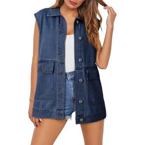 imageDokotoo Womens Fashion 2025 Casual Denim Vest Oversized Mid Long Jean Vest Sleeveless Jean Jacket Shacket with PocketsSail Blue