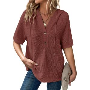 imageDokotoo Womens Summer Tops Waffle Knit Short Sleeve Lightweight Drawstring Hoodies Button V Neck Casual Blouses ShirtsRed