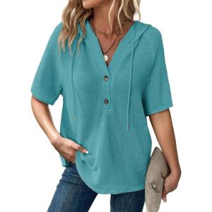 imageDokotoo Womens Summer Tops Waffle Knit Short Sleeve Lightweight Drawstring Hoodies Button V Neck Casual Blouses ShirtsSky Blue