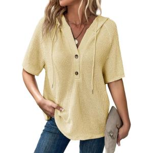 imageDokotoo Womens Summer Tops Waffle Knit Short Sleeve Lightweight Drawstring Hoodies Button V Neck Casual Blouses ShirtsYellow
