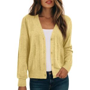 imageDokotoo Womens Cashmere Fall Long Sleeve Lightweight 2025 VNeck Cardigan Button Down Twisted Cable Knit Shrugs SweatersYellow Cream