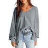 imageDokotoo Womens Waffle Knit Tops Fashion 2025 Long Lantern Sleeve Casual Blouses V Neck Oversized T ShirtsGray