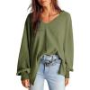 imageDokotoo Womens Waffle Knit Tops Fashion 2025 Long Lantern Sleeve Casual Blouses V Neck Oversized T ShirtsLight Green