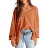 imageDokotoo Womens Waffle Knit Tops Fashion 2025 Long Lantern Sleeve Casual Blouses V Neck Oversized T ShirtsOrange