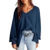 imageDokotoo Womens Waffle Knit Tops Fashion 2025 Long Lantern Sleeve Casual Blouses V Neck Oversized T ShirtsSail Blue