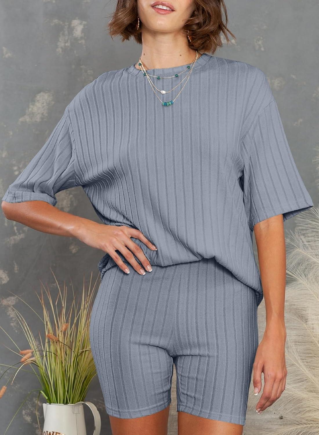 imageDokotoo Womens 2 Piece Outfits Sets Crew Neck Casual Short Sleeve Tops Shorts Pants Lounge SetsBeau Blue