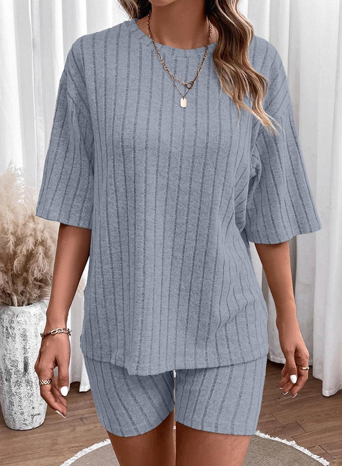 imageDokotoo Womens 2 Piece Outfits Sets Crew Neck Casual Short Sleeve Tops Shorts Pants Lounge SetsBeau Blue