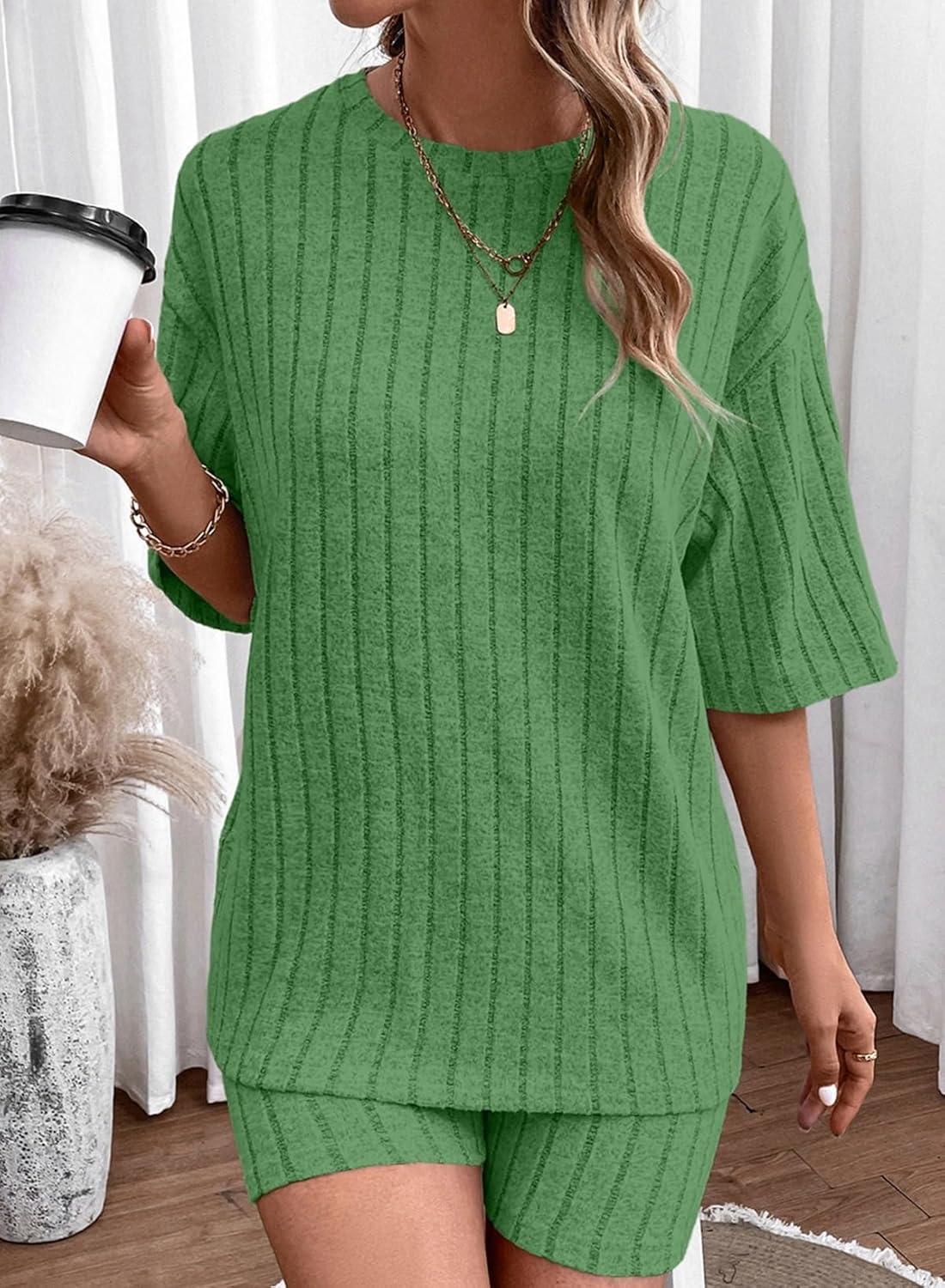 imageDokotoo Womens 2 Piece Outfits Sets Crew Neck Casual Short Sleeve Tops Shorts Pants Lounge SetsBright Green