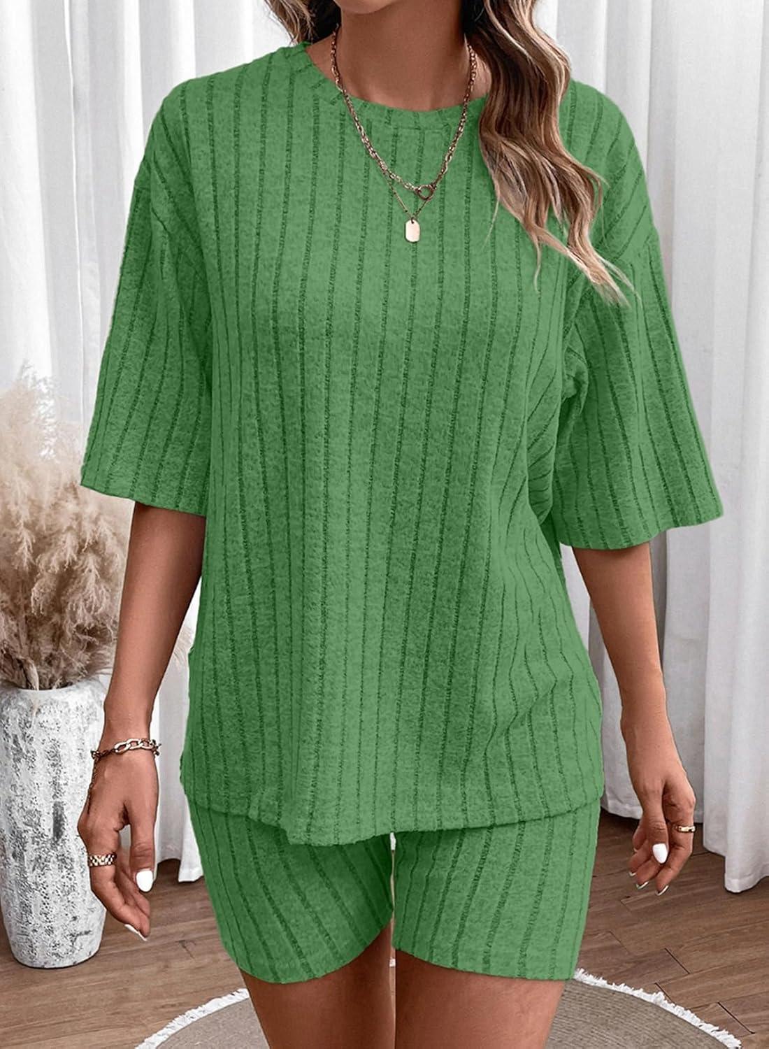 imageDokotoo Womens 2 Piece Outfits Sets Crew Neck Casual Short Sleeve Tops Shorts Pants Lounge SetsBright Green