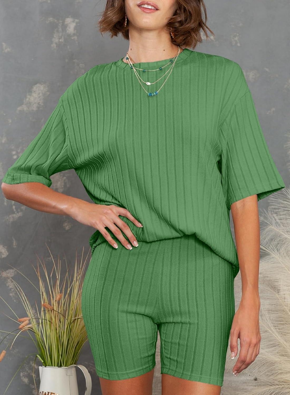 imageDokotoo Womens 2 Piece Outfits Sets Crew Neck Casual Short Sleeve Tops Shorts Pants Lounge SetsBright Green