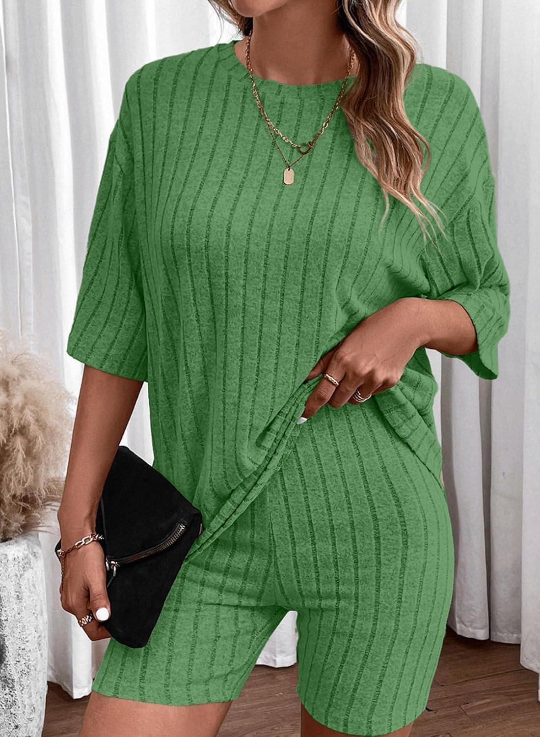 imageDokotoo Womens 2 Piece Outfits Sets Crew Neck Casual Short Sleeve Tops Shorts Pants Lounge SetsBright Green