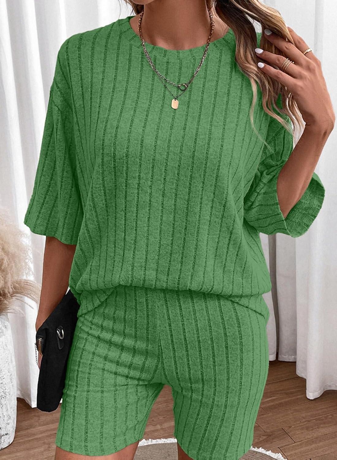 imageDokotoo Womens 2 Piece Outfits Sets Crew Neck Casual Short Sleeve Tops Shorts Pants Lounge SetsBright Green