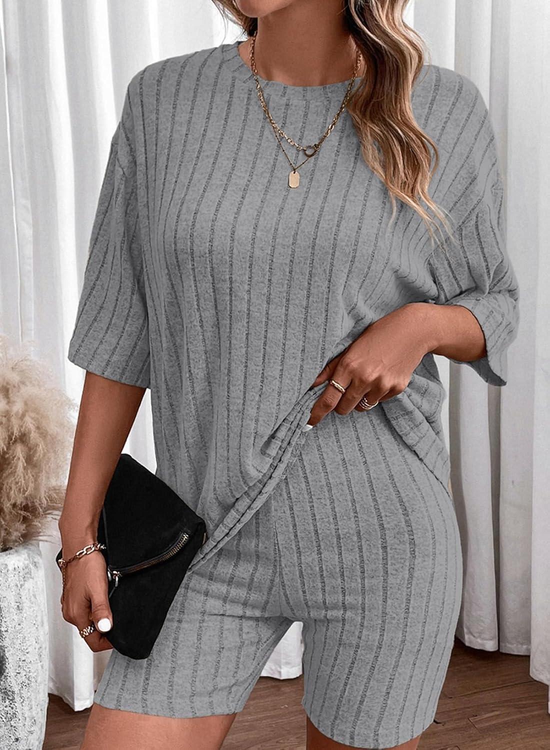 imageDokotoo Womens 2 Piece Outfits Sets Crew Neck Casual Short Sleeve Tops Shorts Pants Lounge SetsLight Grey