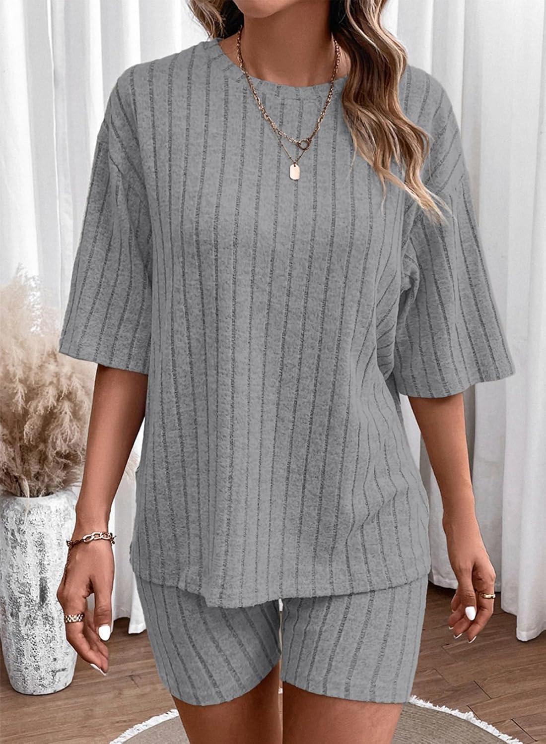 imageDokotoo Womens 2 Piece Outfits Sets Crew Neck Casual Short Sleeve Tops Shorts Pants Lounge SetsLight Grey