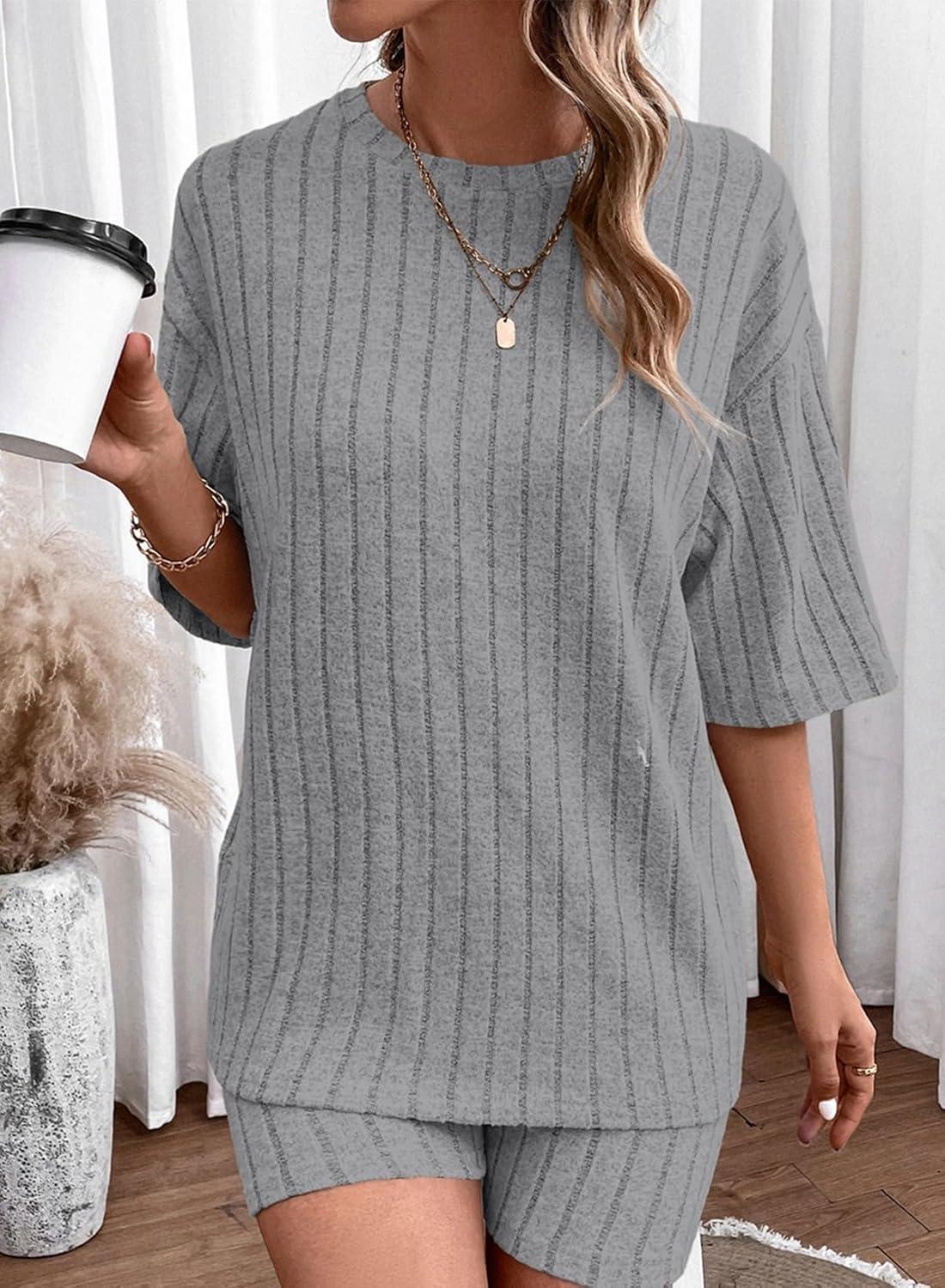 imageDokotoo Womens 2 Piece Outfits Sets Crew Neck Casual Short Sleeve Tops Shorts Pants Lounge SetsLight Grey