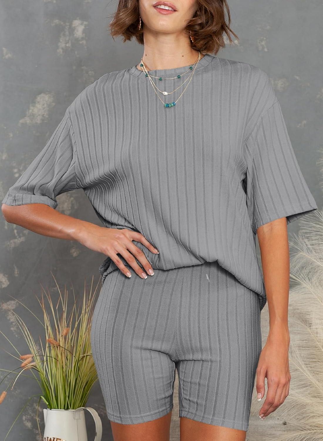 imageDokotoo Womens 2 Piece Outfits Sets Crew Neck Casual Short Sleeve Tops Shorts Pants Lounge SetsLight Grey