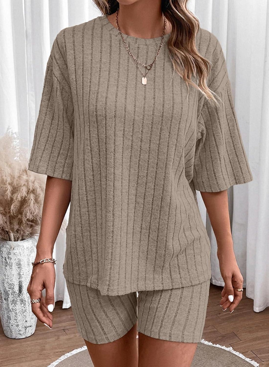 imageDokotoo Womens 2 Piece Outfits Sets Crew Neck Casual Short Sleeve Tops Shorts Pants Lounge SetsParchment