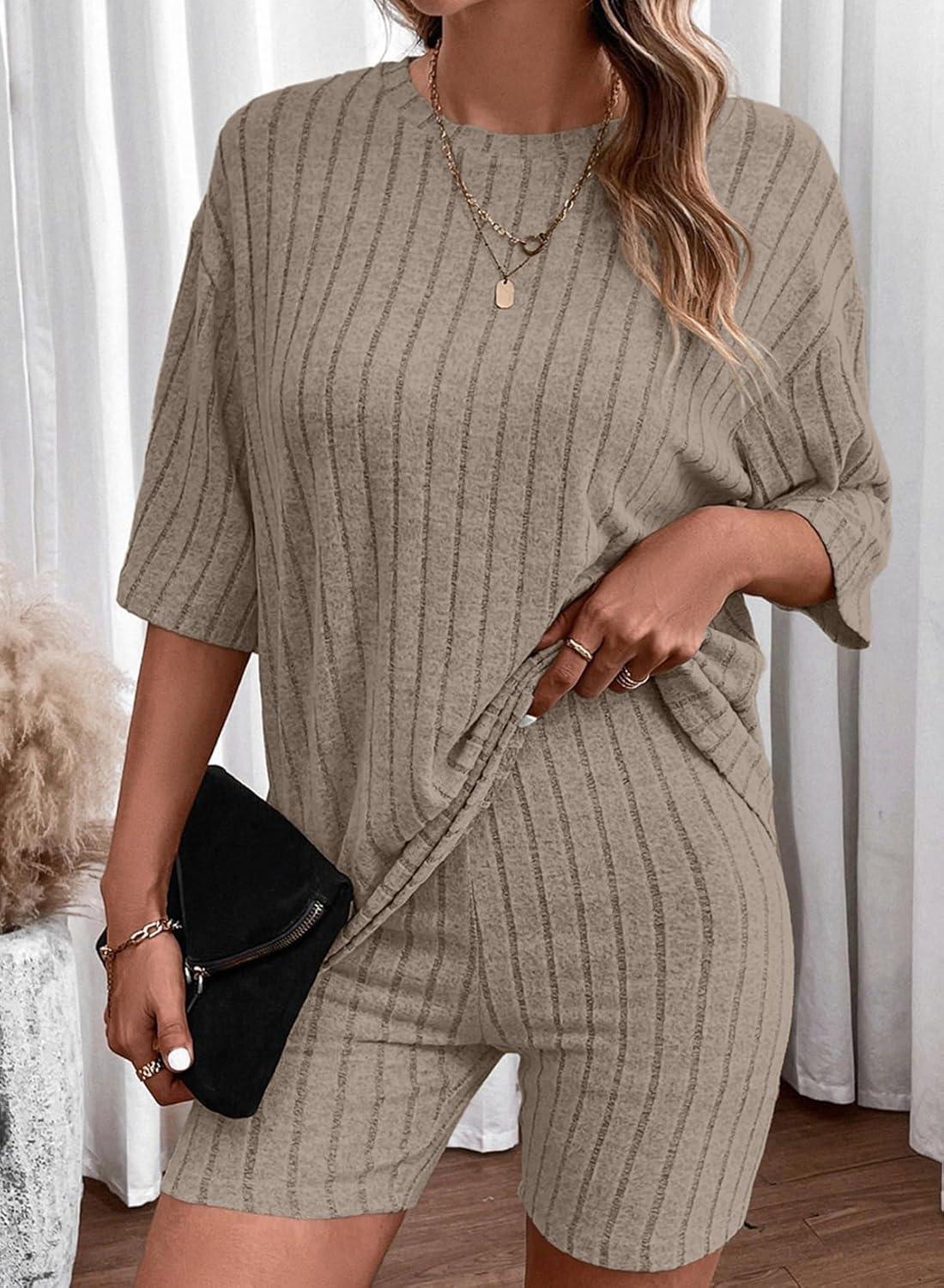 imageDokotoo Womens 2 Piece Outfits Sets Crew Neck Casual Short Sleeve Tops Shorts Pants Lounge SetsParchment