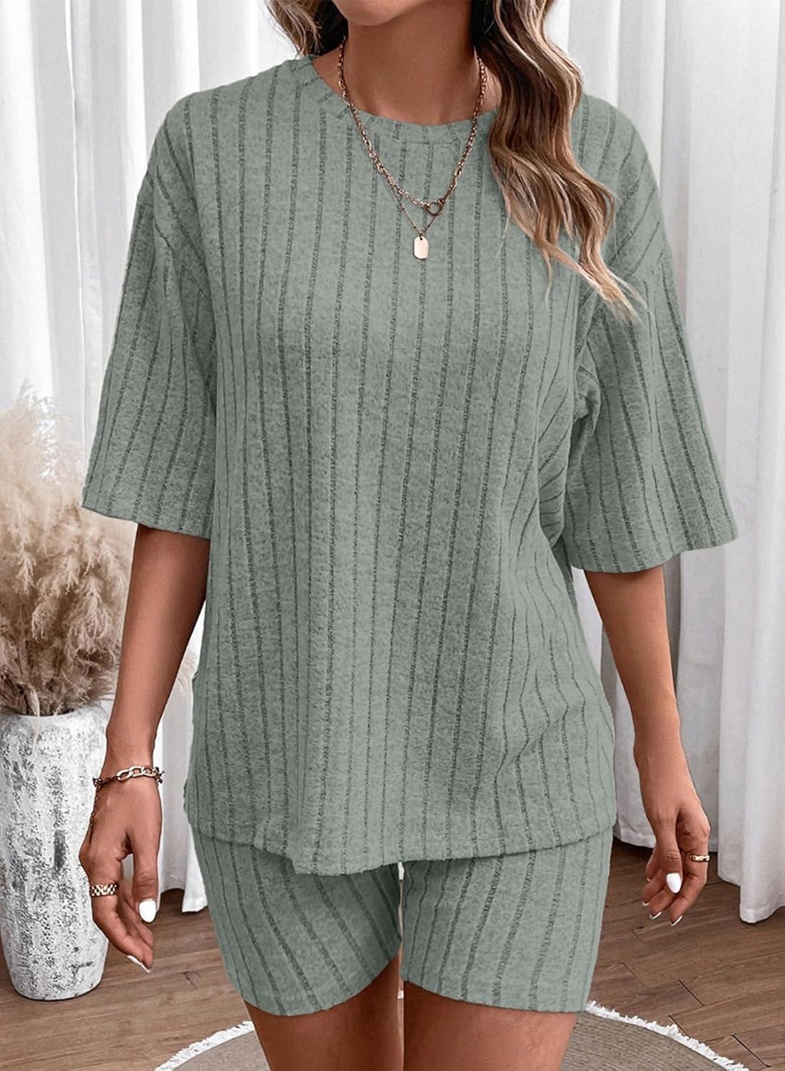 imageDokotoo Womens 2 Piece Outfits Sets Crew Neck Casual Short Sleeve Tops Shorts Pants Lounge SetsSmoke Green