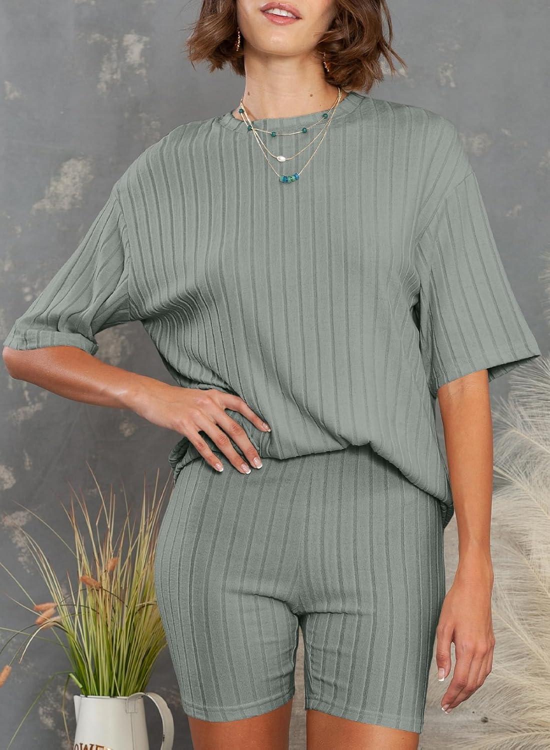 imageDokotoo Womens 2 Piece Outfits Sets Crew Neck Casual Short Sleeve Tops Shorts Pants Lounge SetsSmoke Green