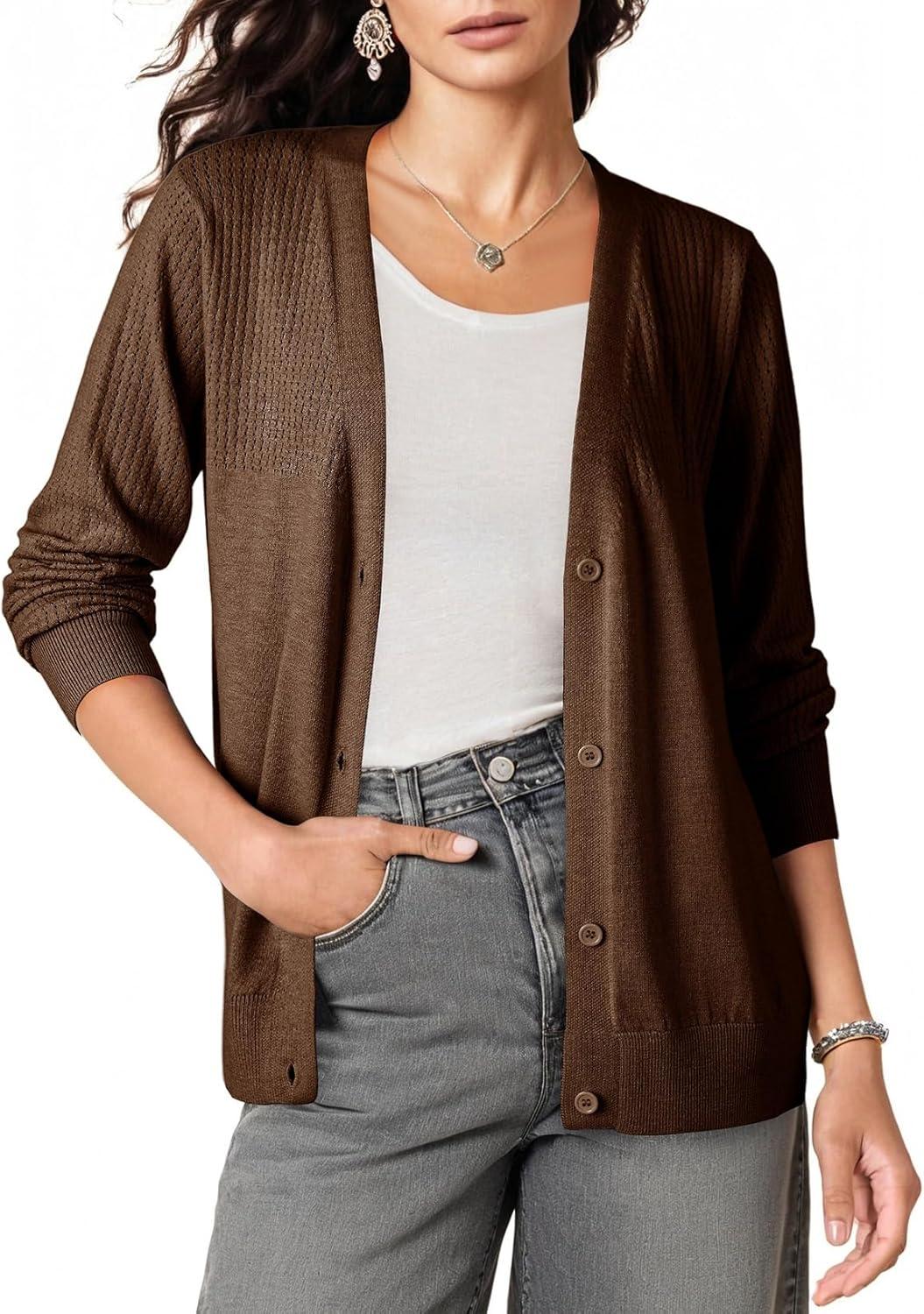 imageDokotoo Womens Cardigan Wool Blend Long Sleeve Button Down Sweaters for Women Casual Hollow Out Knit TopsBrown