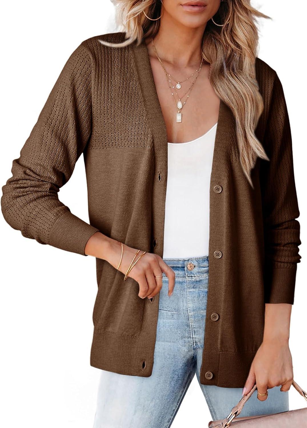 imageDokotoo Womens Cardigan Wool Blend Long Sleeve Button Down Sweaters for Women Casual Hollow Out Knit TopsBrown