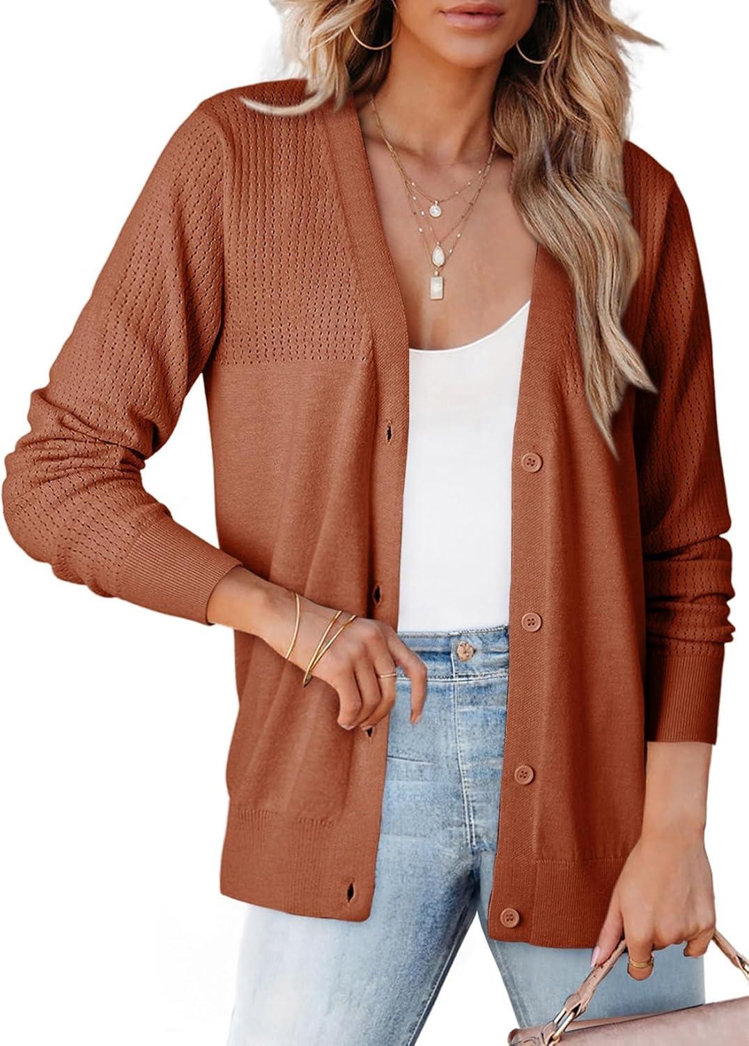 imageDokotoo Womens Cardigan Wool Blend Long Sleeve Button Down Sweaters for Women Casual Hollow Out Knit TopsRed Clay
