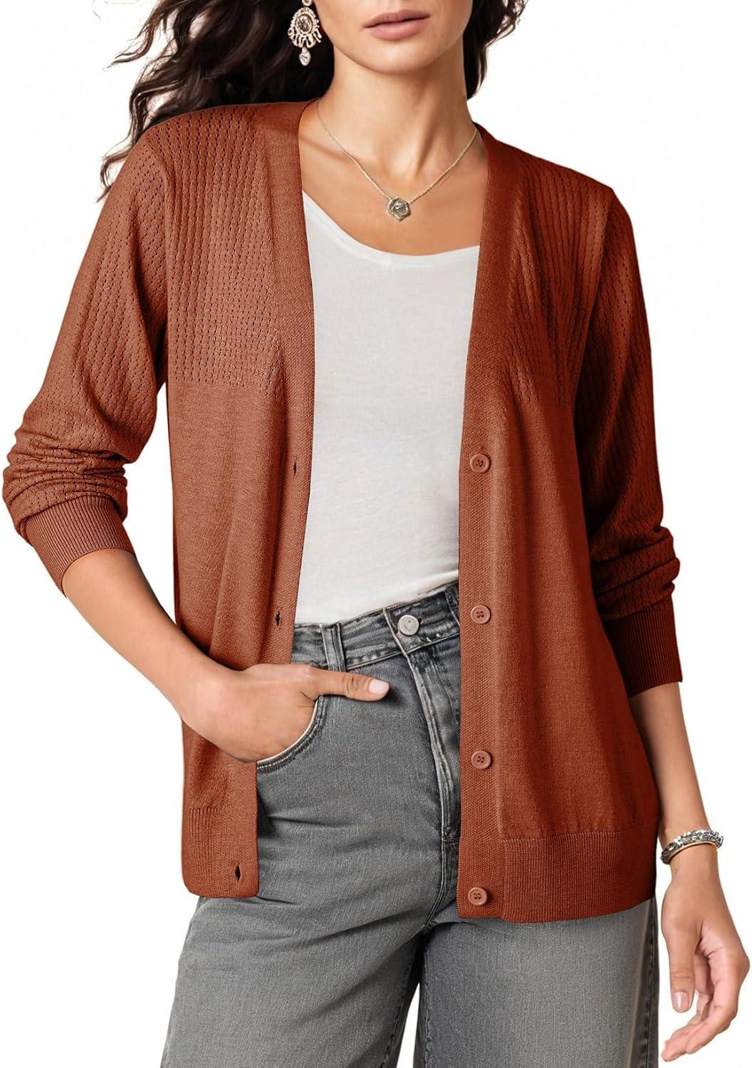 imageDokotoo Womens Cardigan Wool Blend Long Sleeve Button Down Sweaters for Women Casual Hollow Out Knit TopsRed Clay