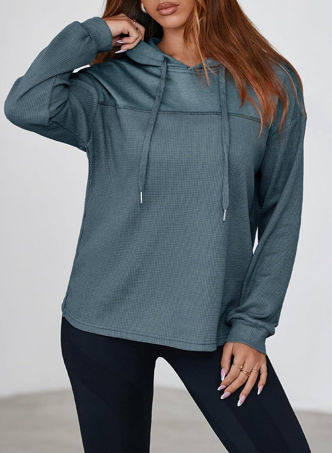 imageDokotoo Womens Hoodies Casual Waffle Knit Long Sleeve Drawstring Pullover Sweatshirts Lightweight Hooded TopsBlue